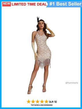 1920s Flapper Sequin Dress with Roaring 20s Accessories Set